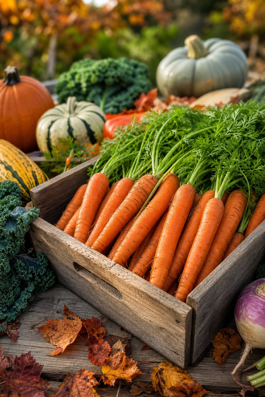 Freshly harvested carrots in a wooden crate surrounded by autumn vegetables and fallen leaves on a wooden table.