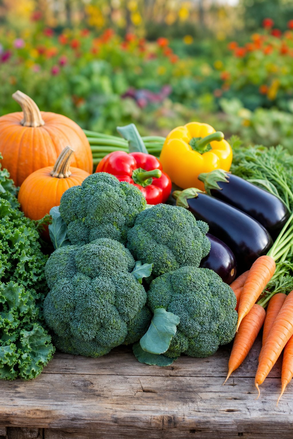 Fresh broccoli and a variety of colorful fall vegetables arranged on a wooden table outdoors.