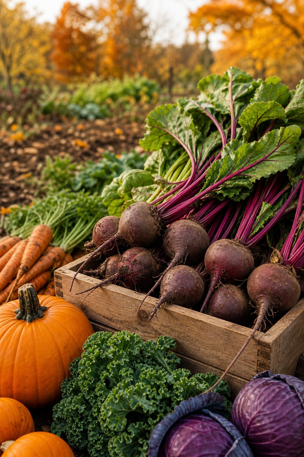 A crate of fresh beets surrounded by various fall vegetables in a garden with autumn leaves.