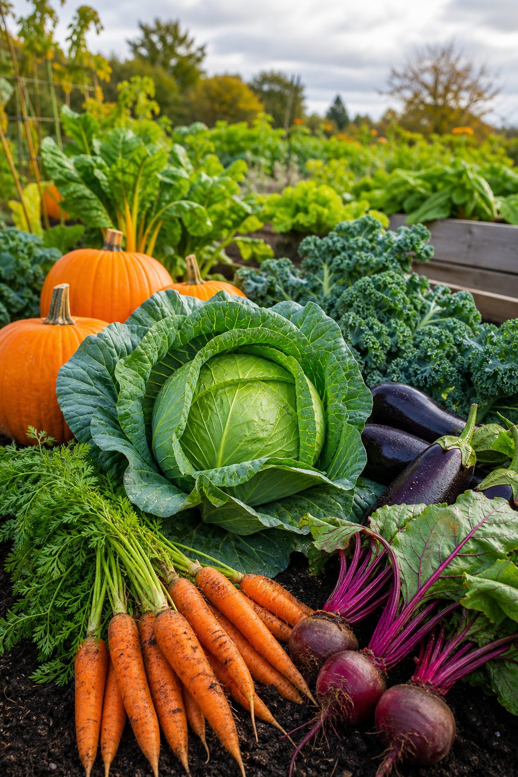 A fall garden with a large green cabbage surrounded by various colorful vegetables growing in soil.