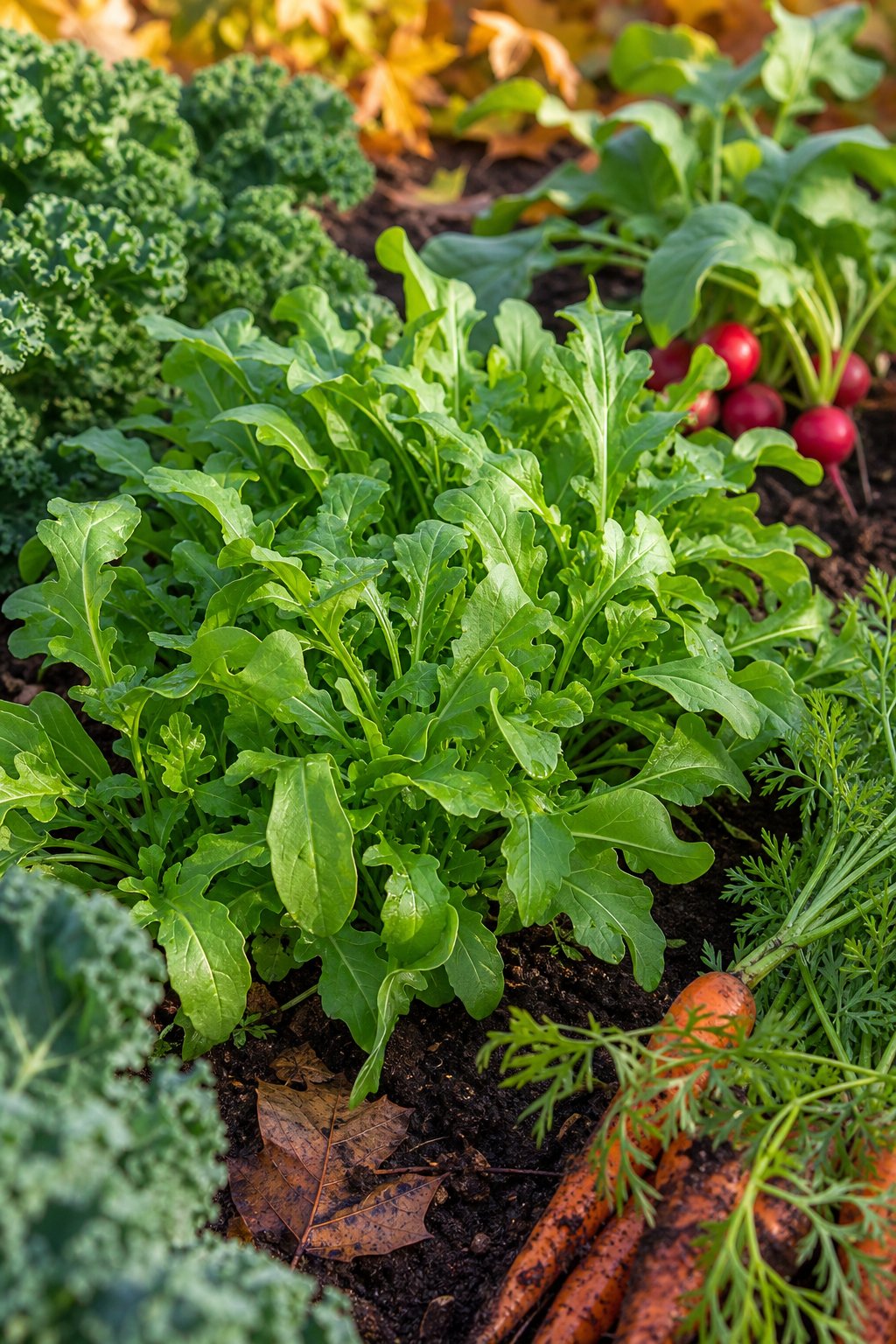 Fresh green arugula leaves growing in a fall vegetable garden with soil and other vegetables around.
