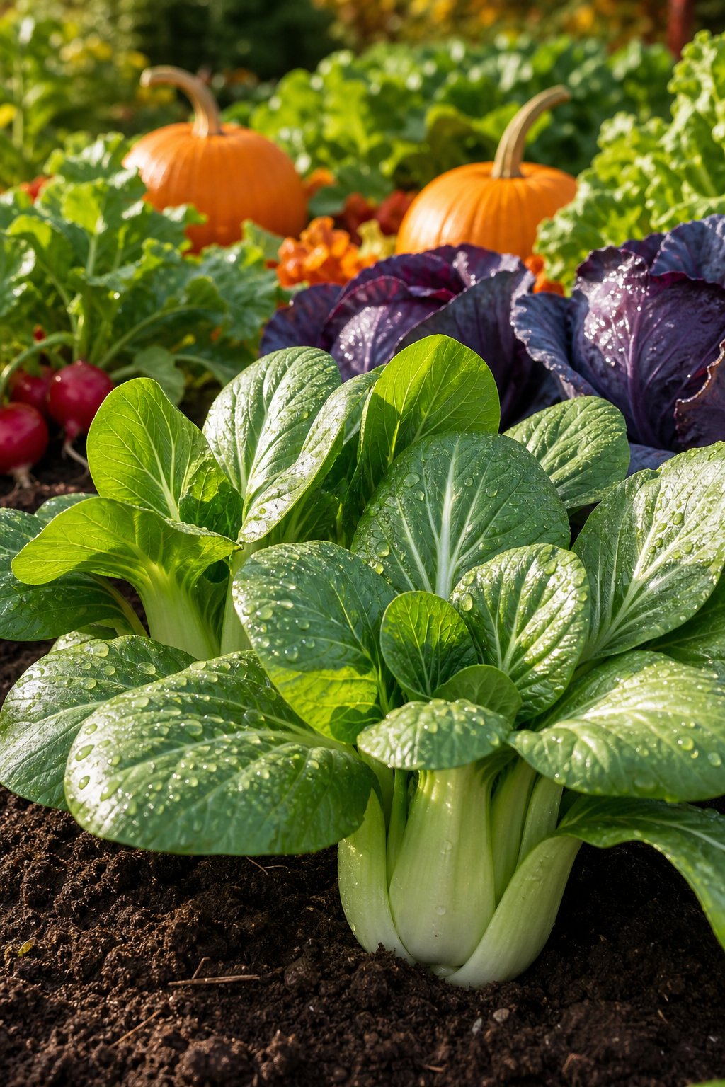 Fresh bok choy plants growing in a fall vegetable garden with pumpkins, radishes, and cabbage in the background.