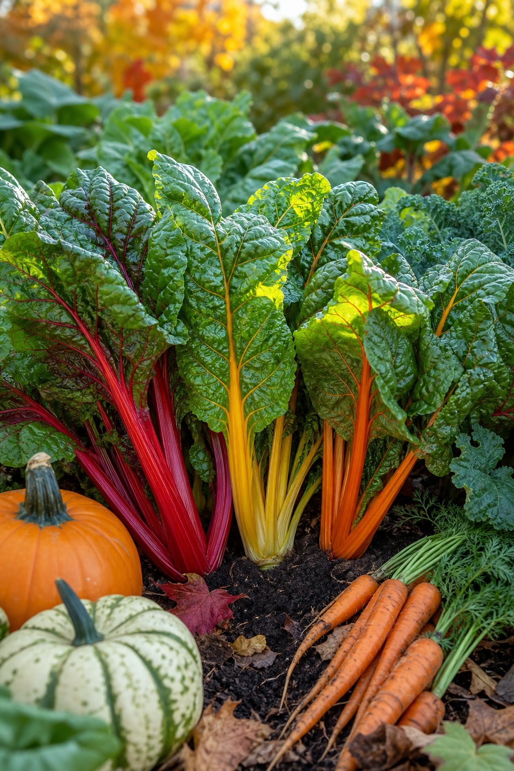 Fresh Swiss chard with colorful stems growing in a fall garden among other vegetables.