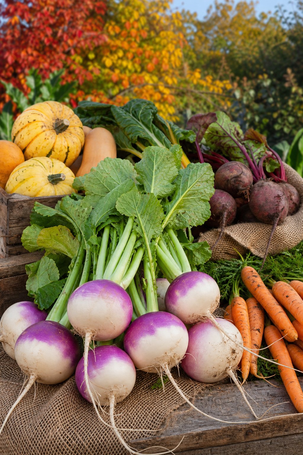 Freshly harvested turnips and other fall vegetables arranged outdoors with autumn leaves in the background.