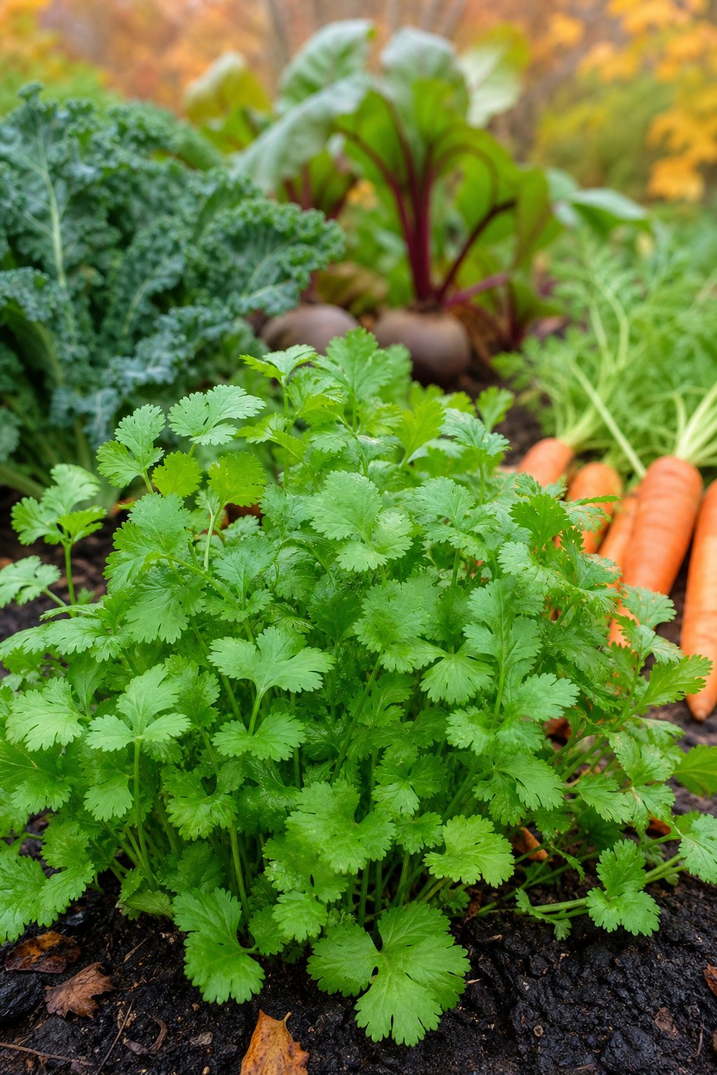Fresh cilantro plants growing in a fall garden with other vegetables and autumn foliage in the background.
