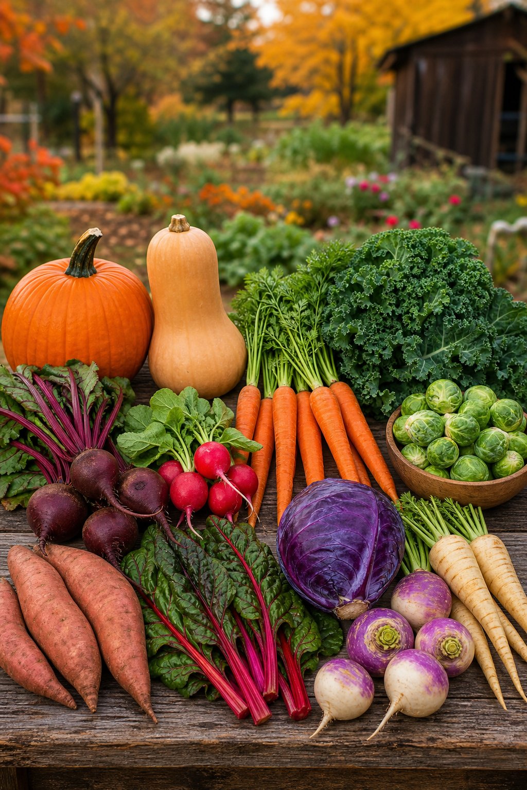 A variety of fresh fall vegetables including pumpkins, carrots, kale, and beets arranged on a wooden table with a garden background.