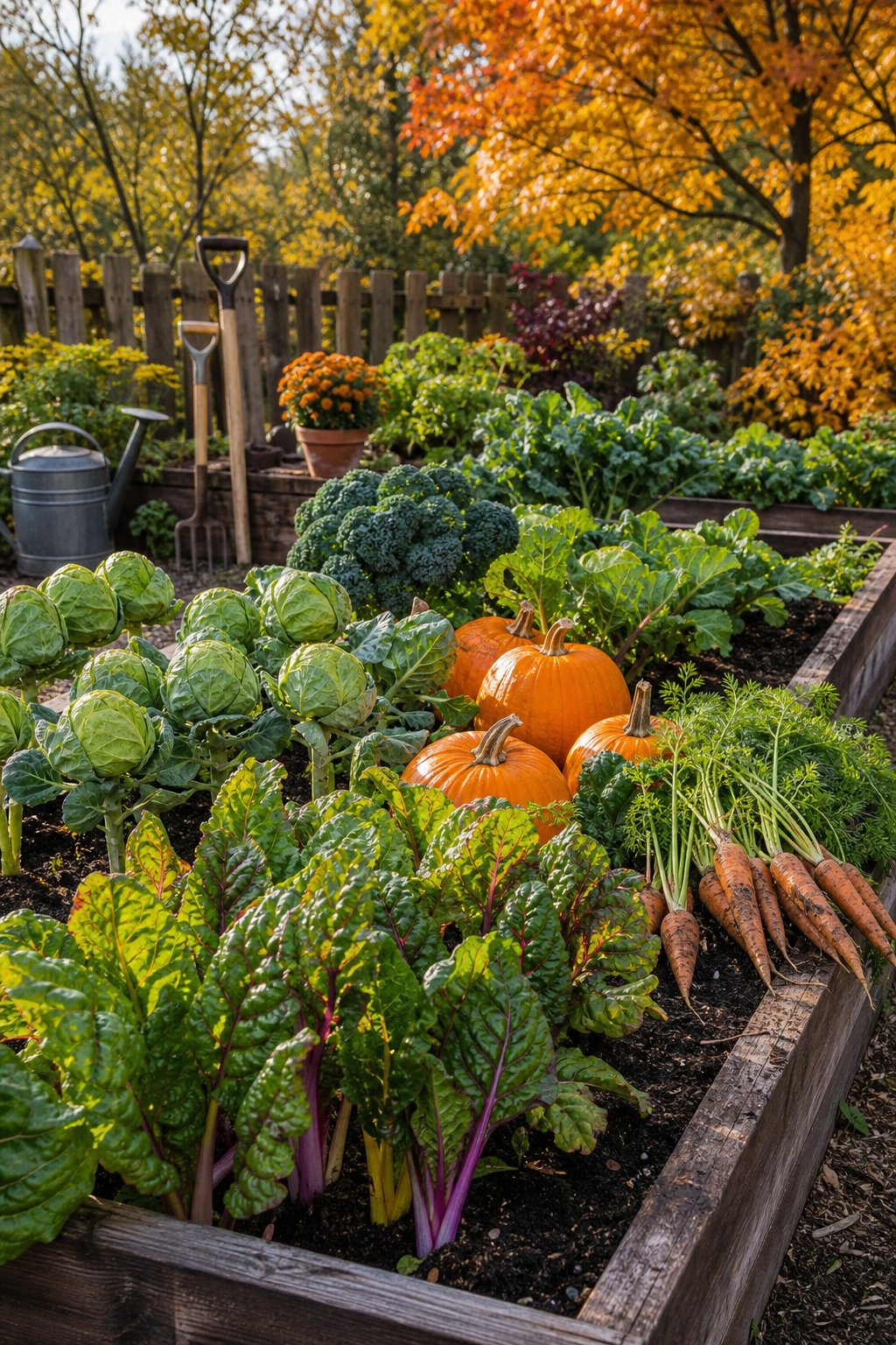 A backyard garden with various fall vegetables growing in raised beds surrounded by autumn leaves.