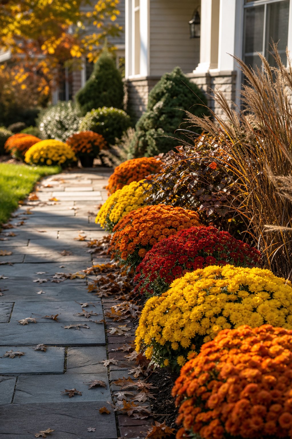 A front walkway bordered by clusters of colorful chrysanthemums in autumn colors with fallen leaves and a lawn in the background.