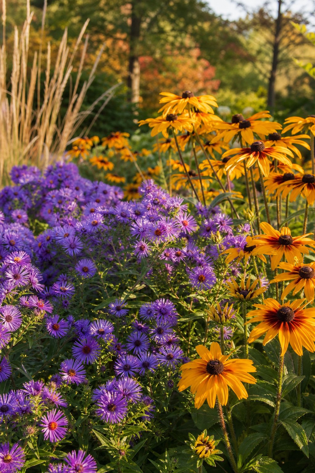 A sunny garden border filled with blooming purple asters and gold rudbeckia flowers.