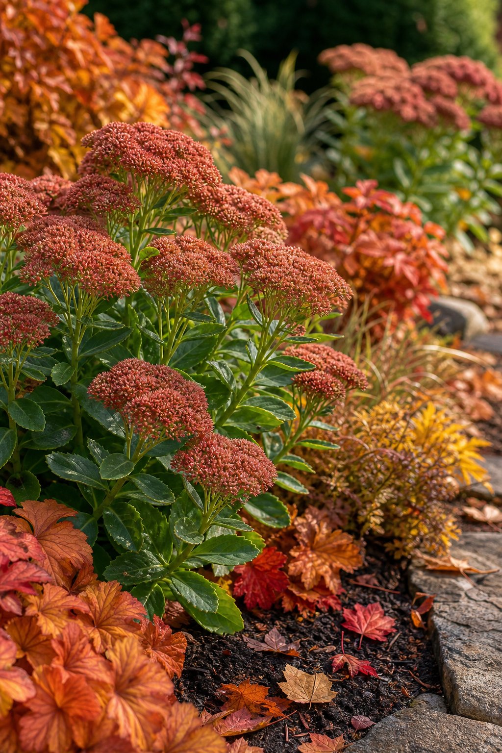 A garden bed with clusters of copper-colored Sedum 'Autumn Joy' flowers surrounded by autumn leaves and soil.