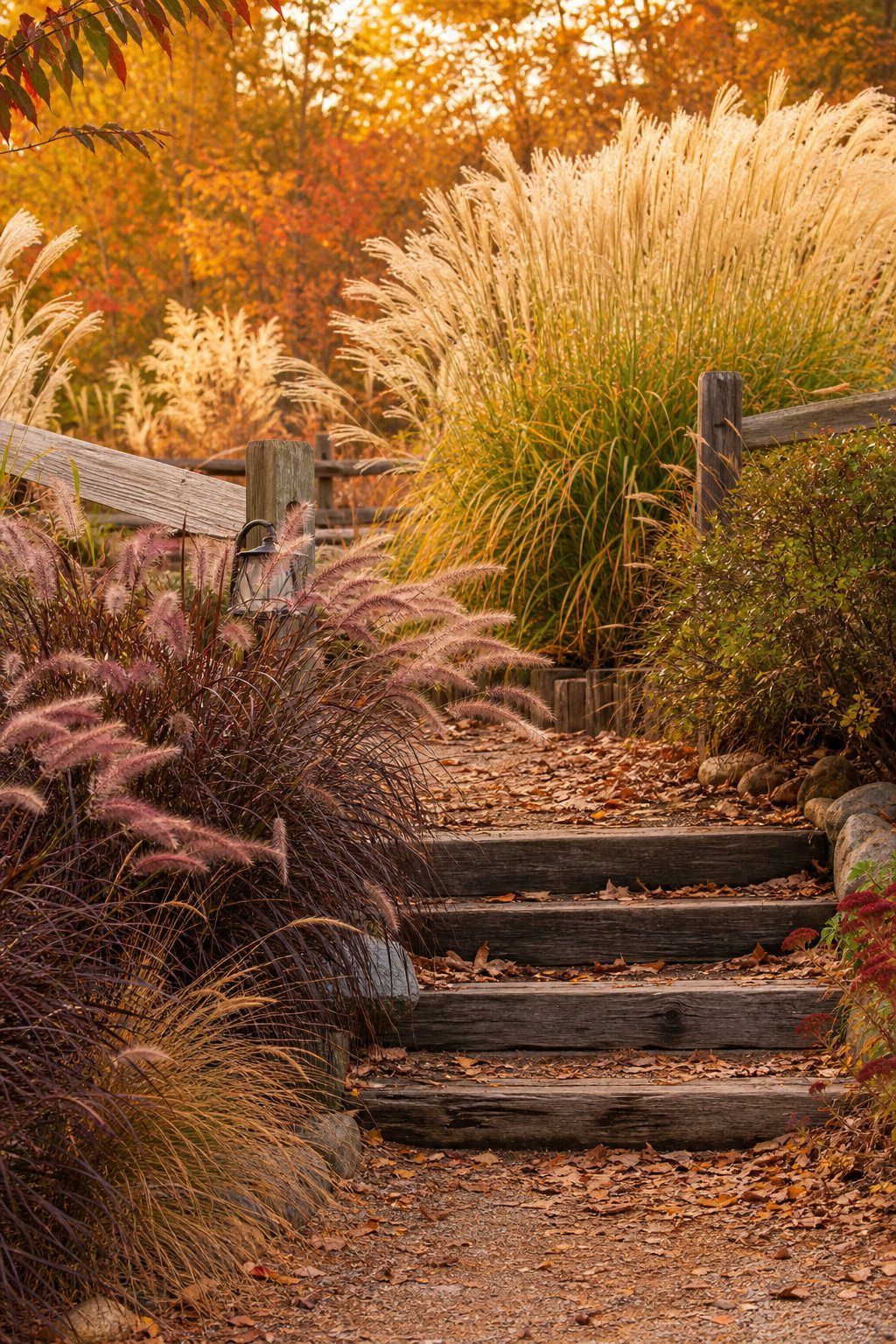 A garden with wooden steps and fences surrounded by tall Miscanthus and Purple Fountain grasses in autumn colors.
