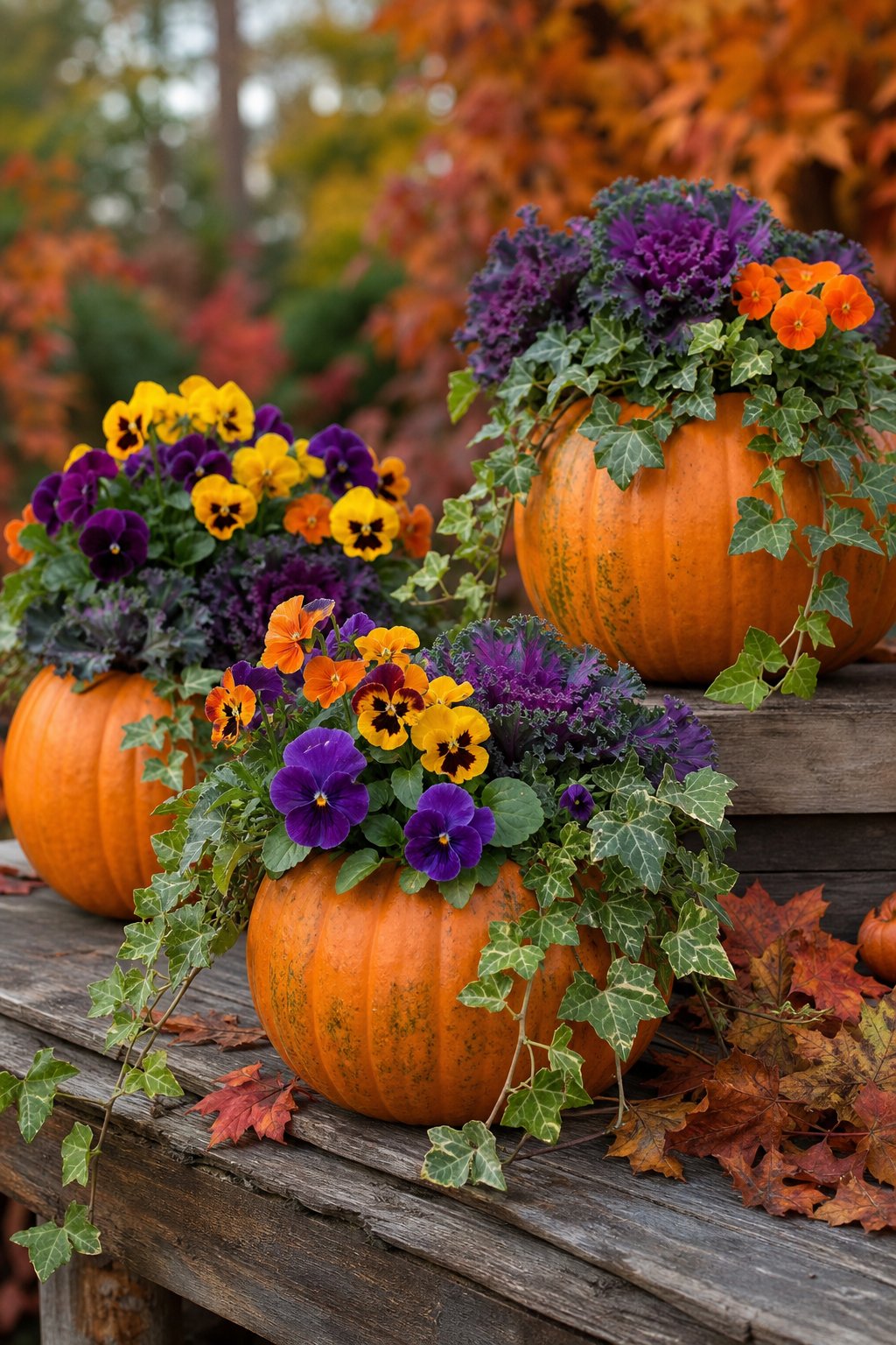 Pumpkins used as planters filled with colorful pansies, trailing ivy, and ornamental kale arranged outdoors with autumn leaves around them.