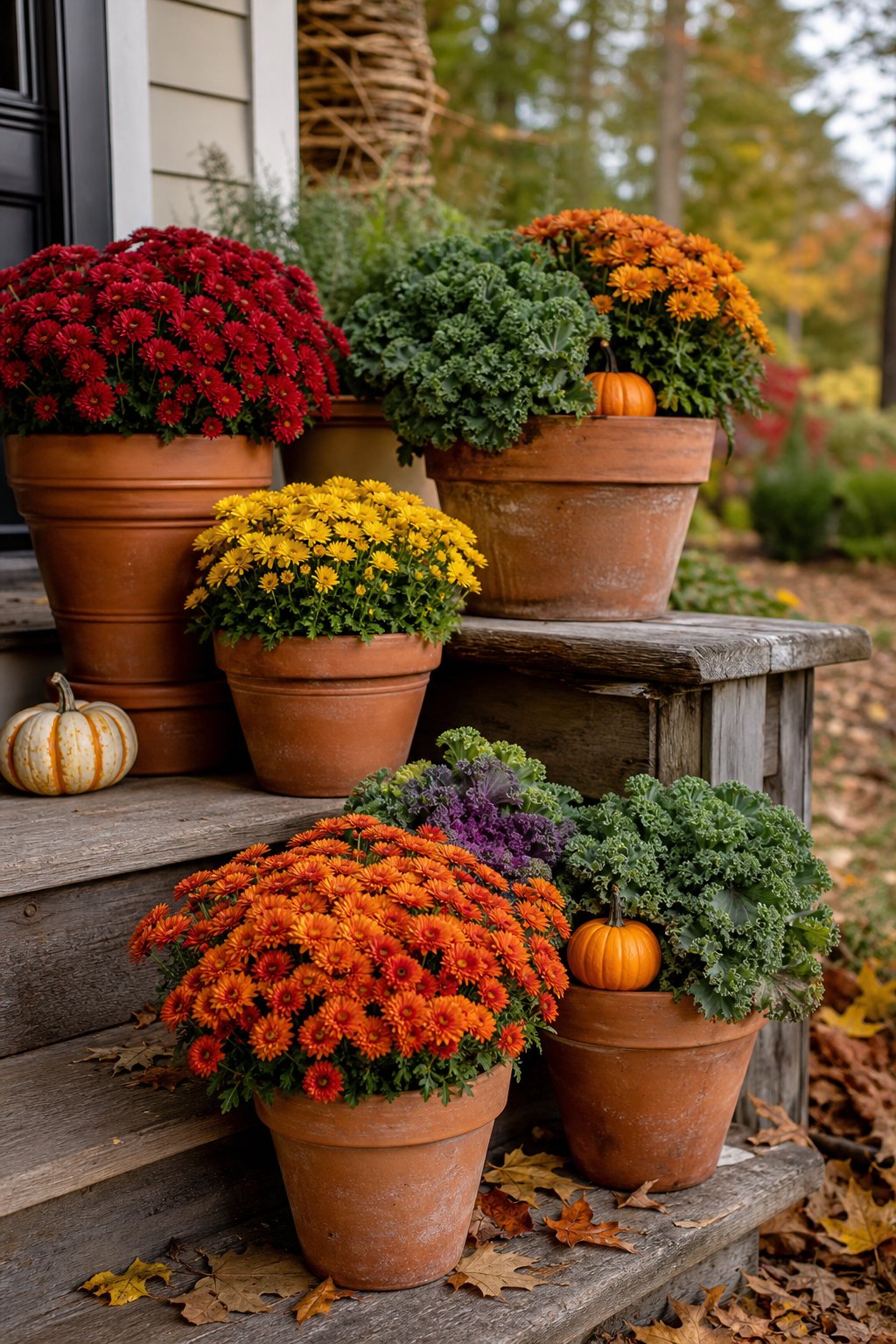 Terracotta pots with colorful mums, green kale, and mini pumpkins arranged on a rustic wooden porch.