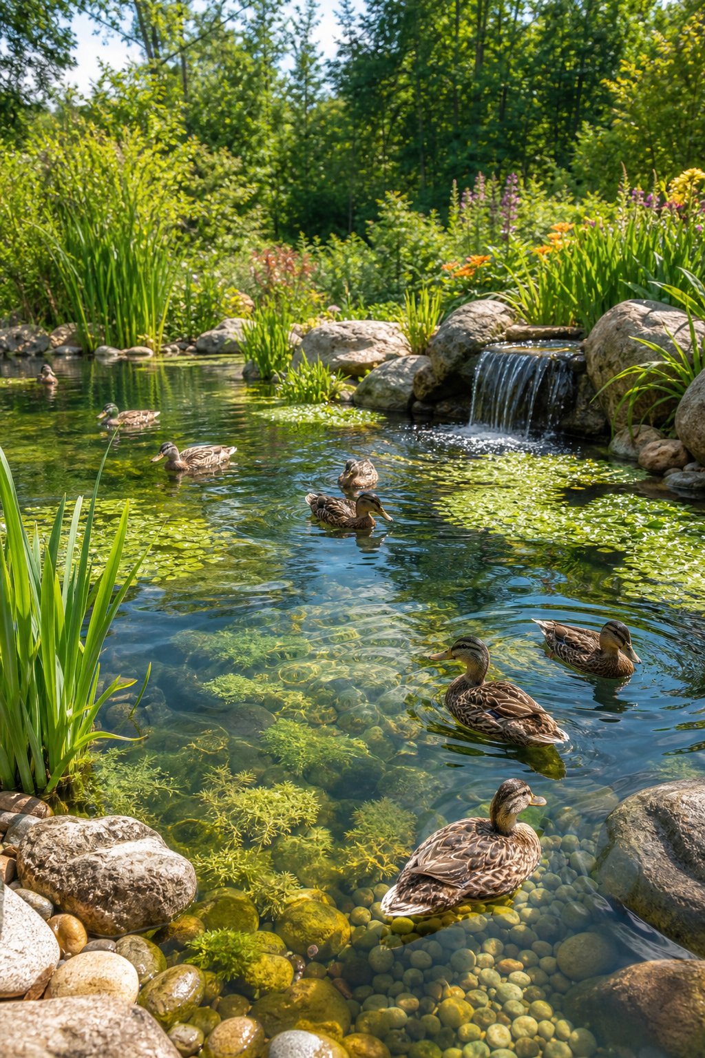 A clear pond with ducks swimming, surrounded by green plants and natural landscaping.