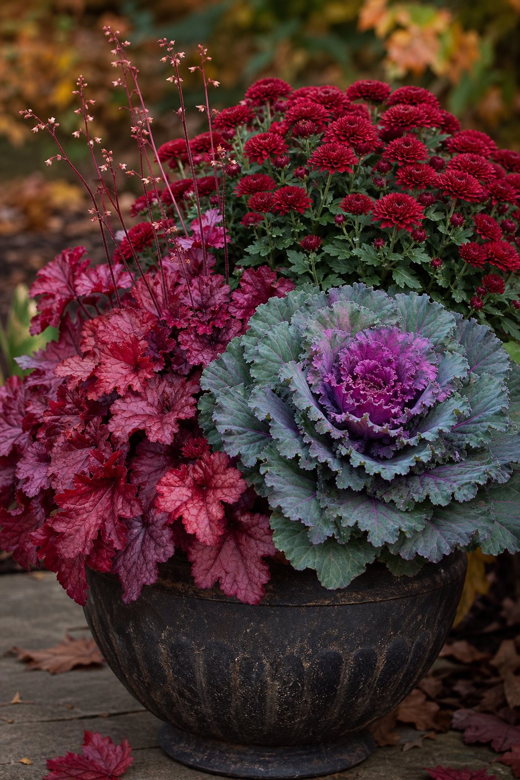 A fall garden container filled with coral bells, ornamental cabbage, and deep red chrysanthemums.
