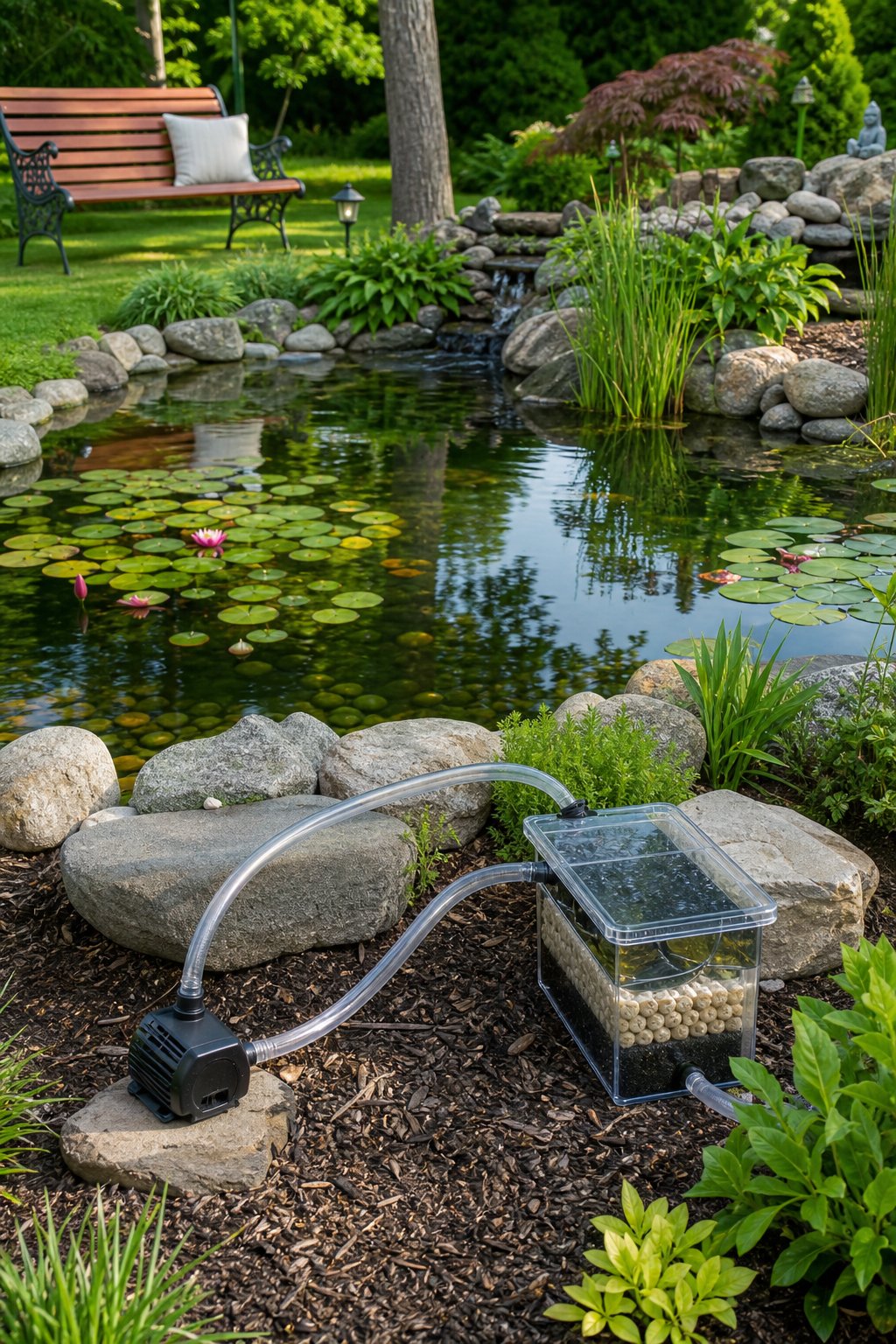 A backyard pond with clear water, surrounded by plants and stones, featuring a DIY filtration system with tubing and a pump.