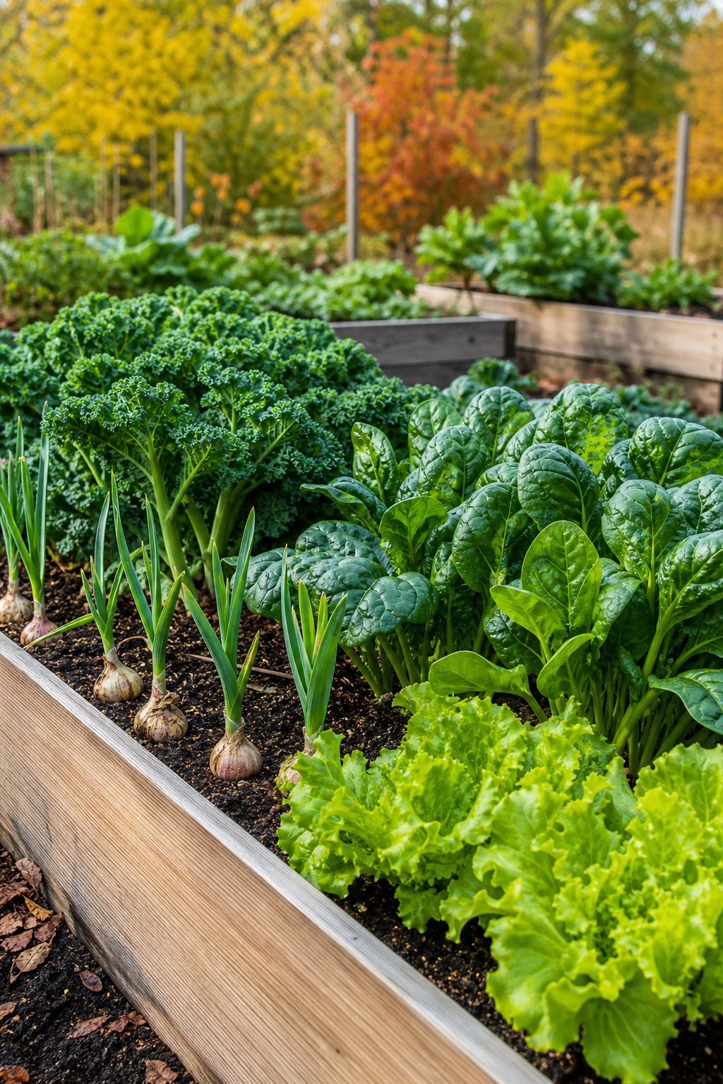 Raised garden beds planted with kale, spinach, lettuce, and garlic in an outdoor garden.