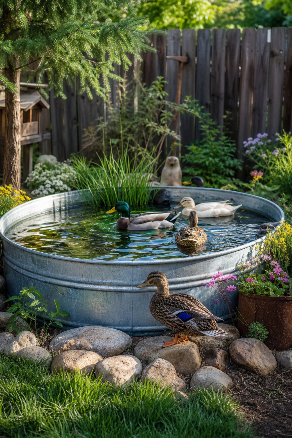 A rustic outdoor duck pond made from a metal stock tank container with ducks swimming and greenery around it.