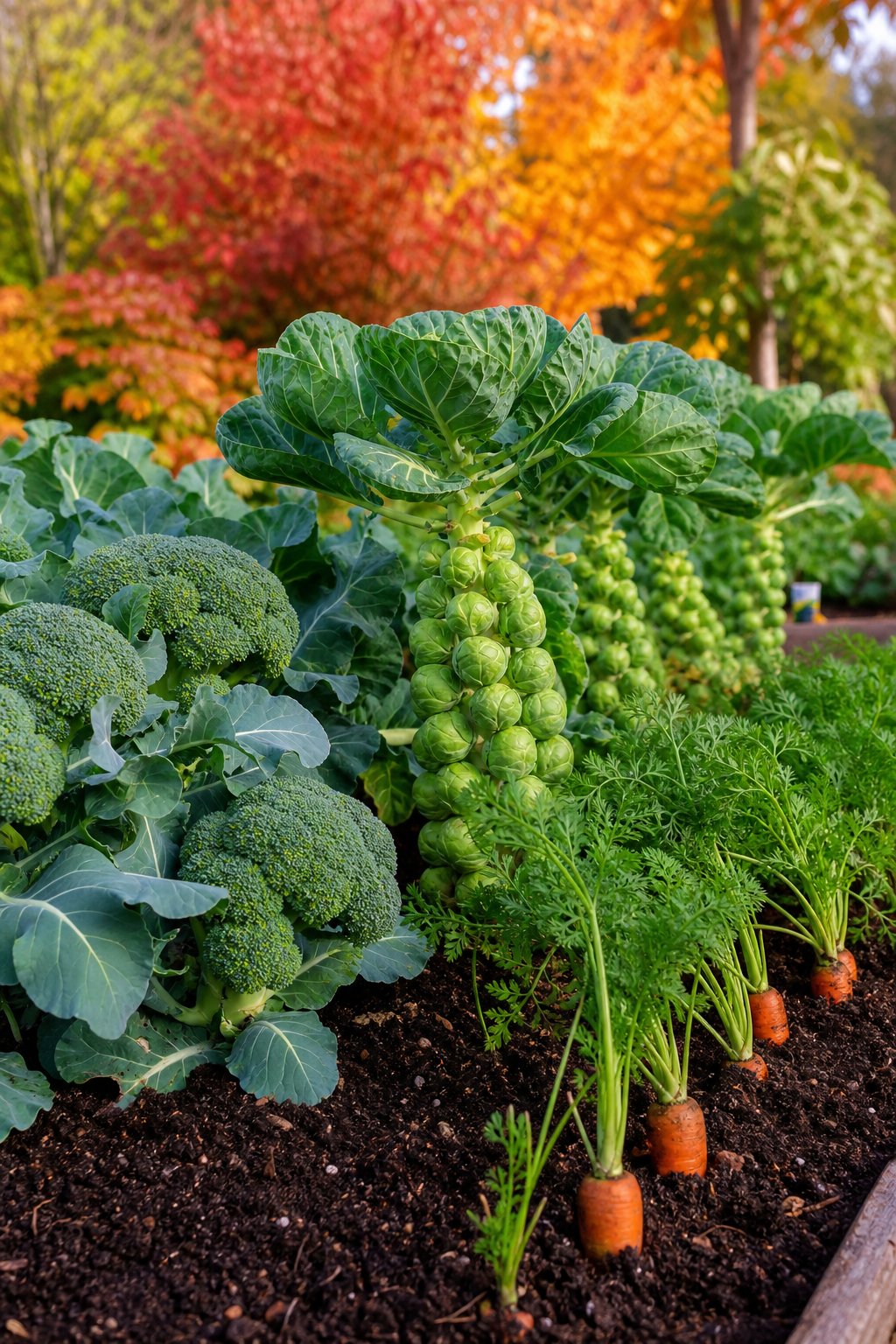 A garden bed with broccoli, Brussels sprouts, and carrots growing among autumn leaves.