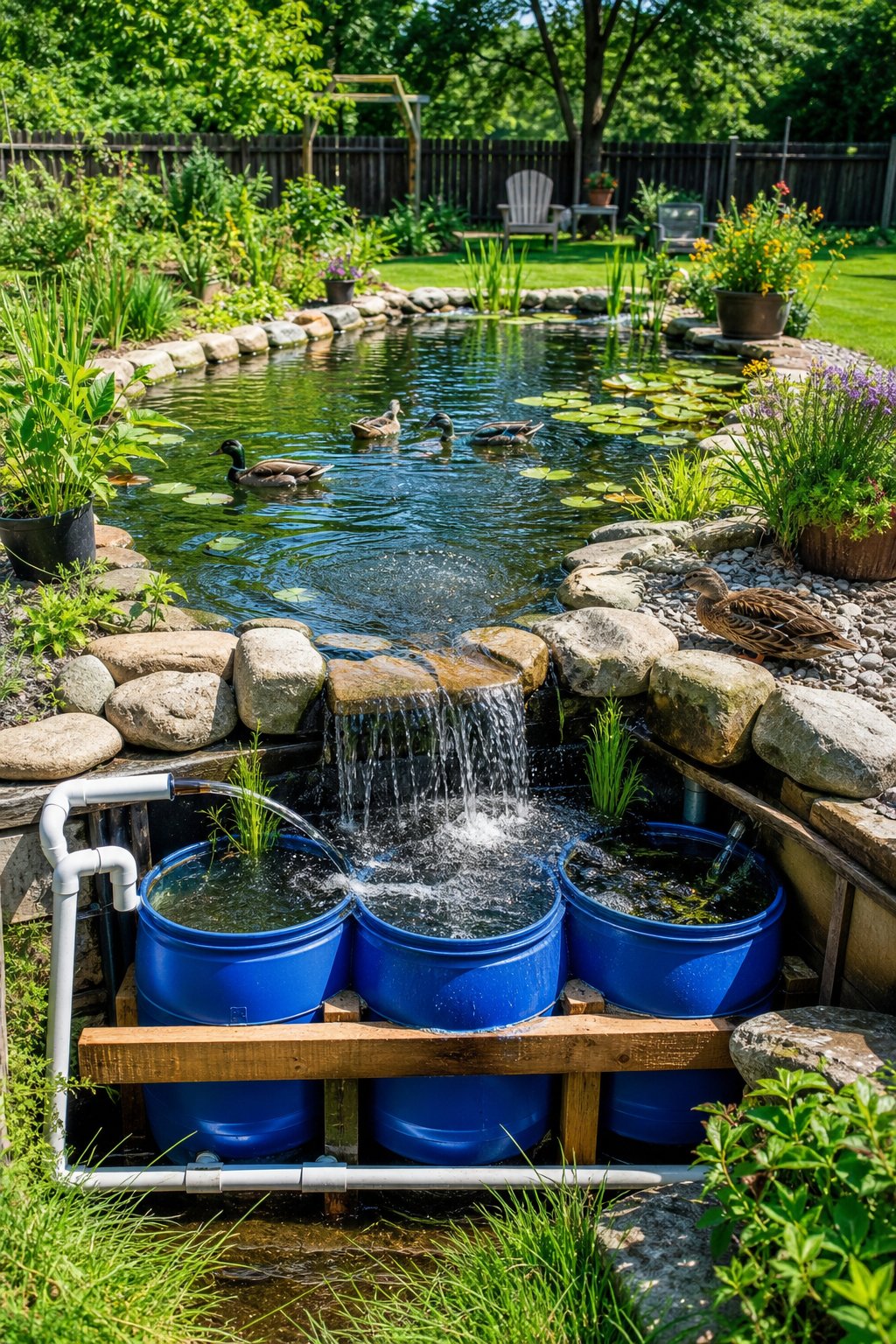 A backyard pond with blue barrels used for filtration, clear water, ducks swimming, and green plants surrounding the pond.