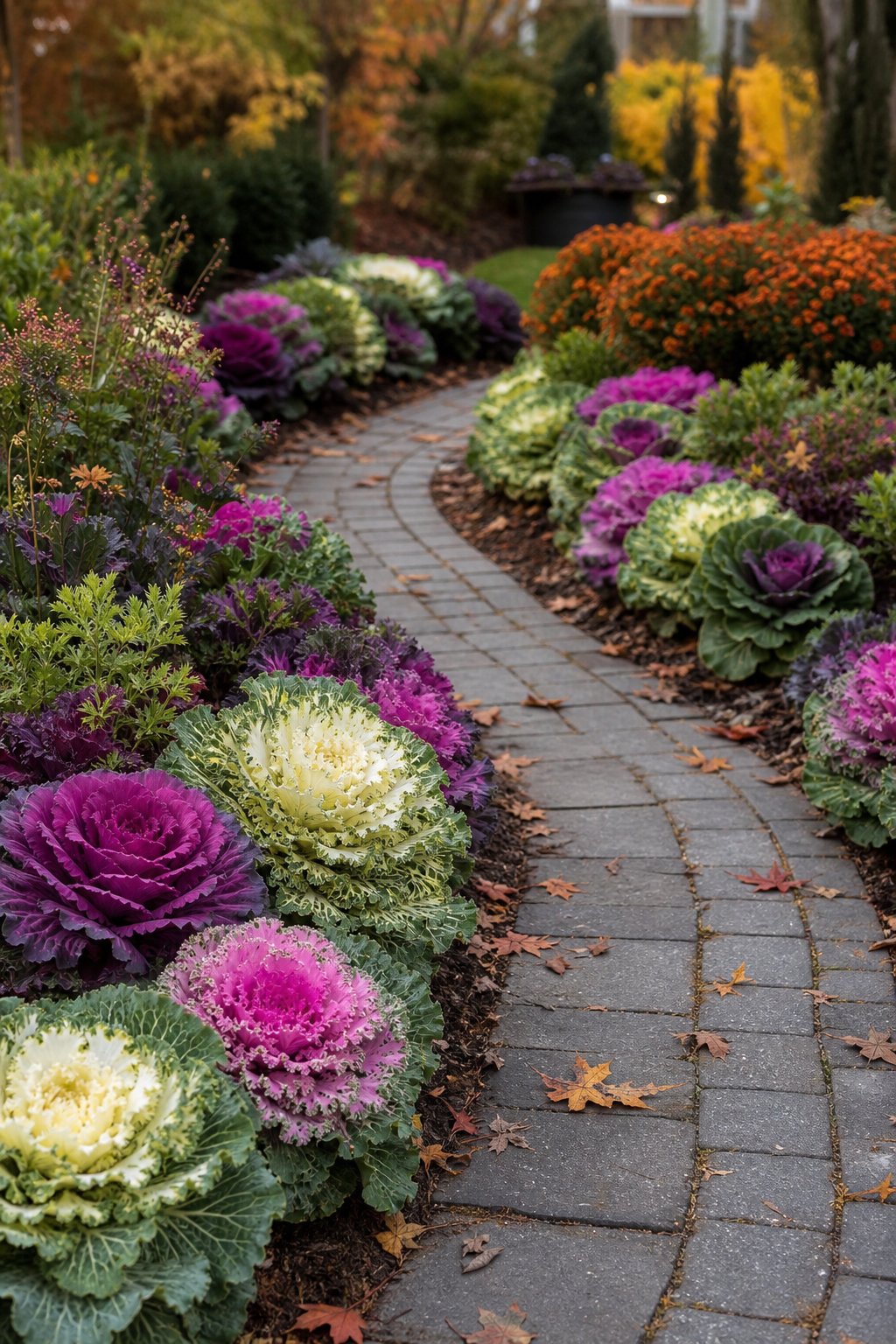 A garden path bordered by colorful ornamental cabbage and flowering kale plants in autumn colors.