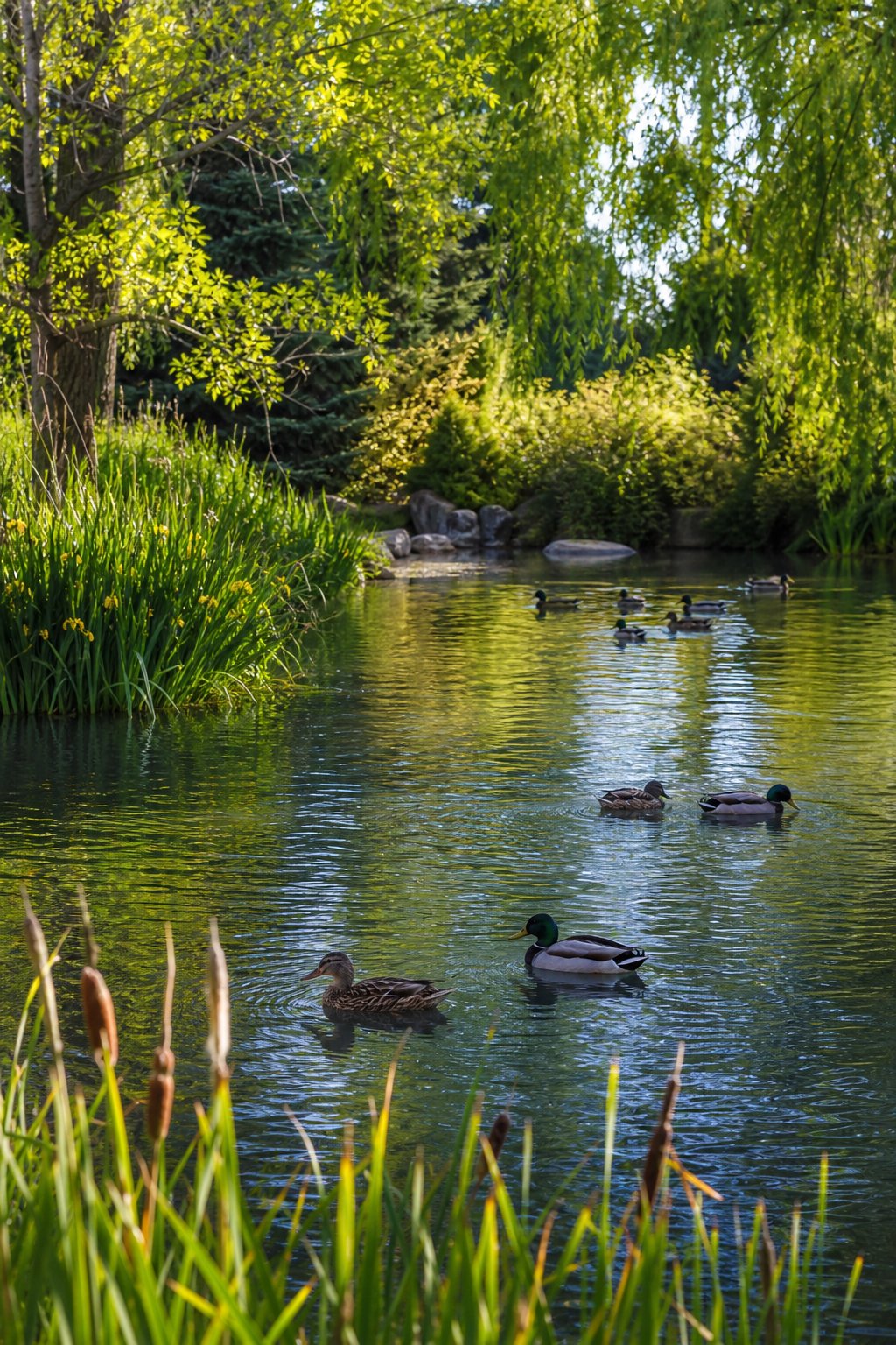 A peaceful duck pond with ducks swimming surrounded by green plants and trees.