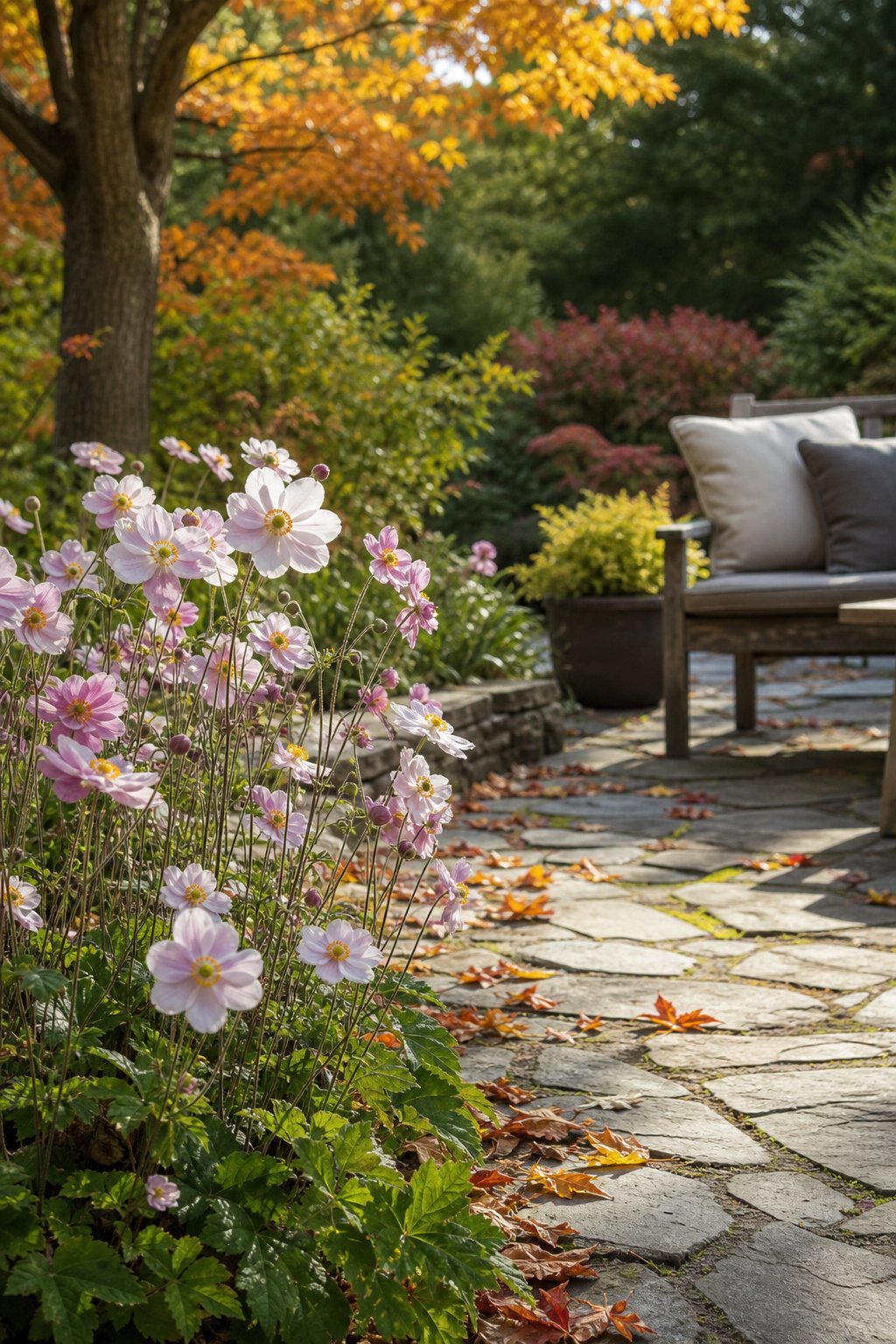 Japanese Anemone flowers blooming near a stone patio surrounded by autumn leaves and green plants.