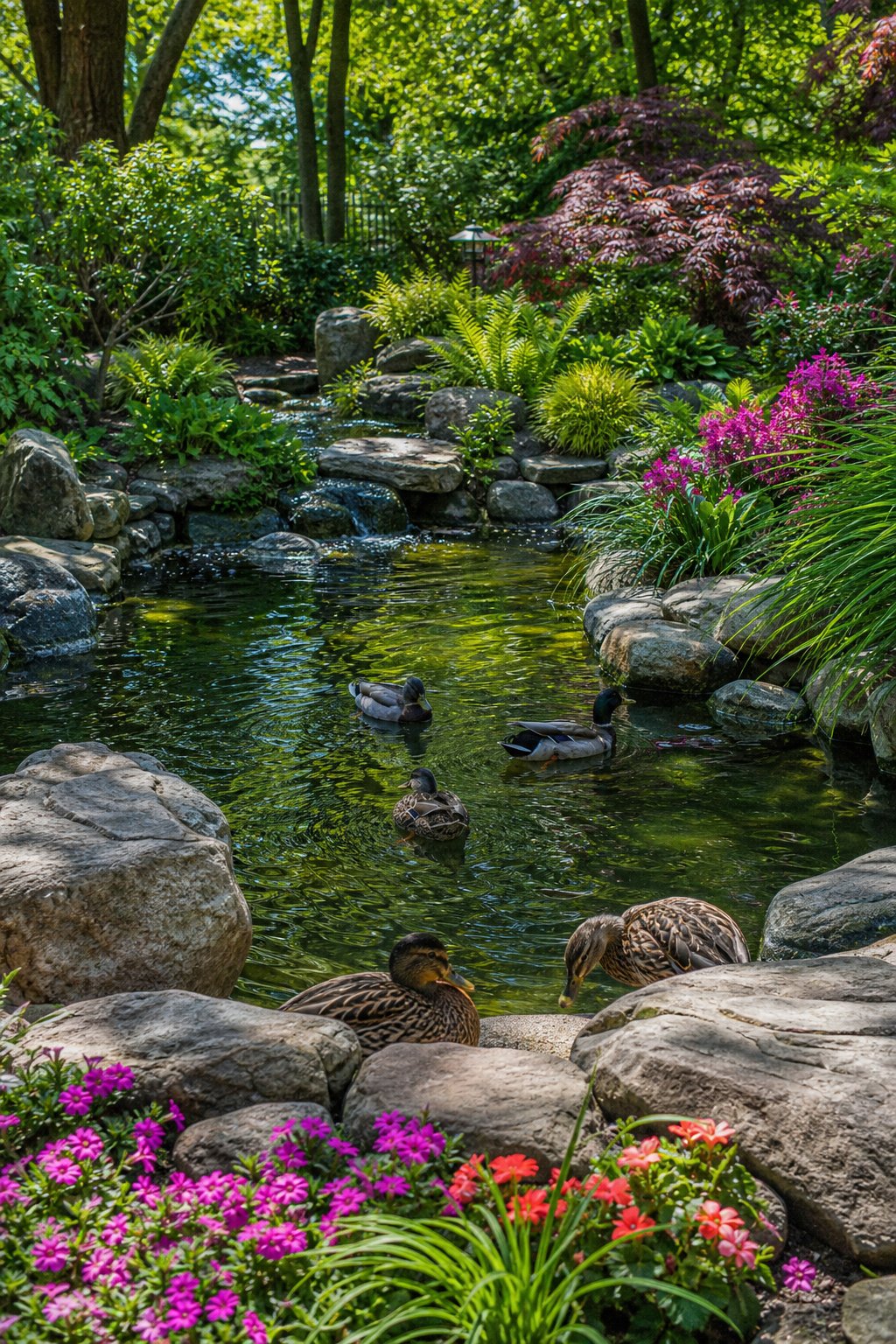 A garden pond bordered by natural rocks with ducks swimming and resting near the water, surrounded by green plants and flowers.
