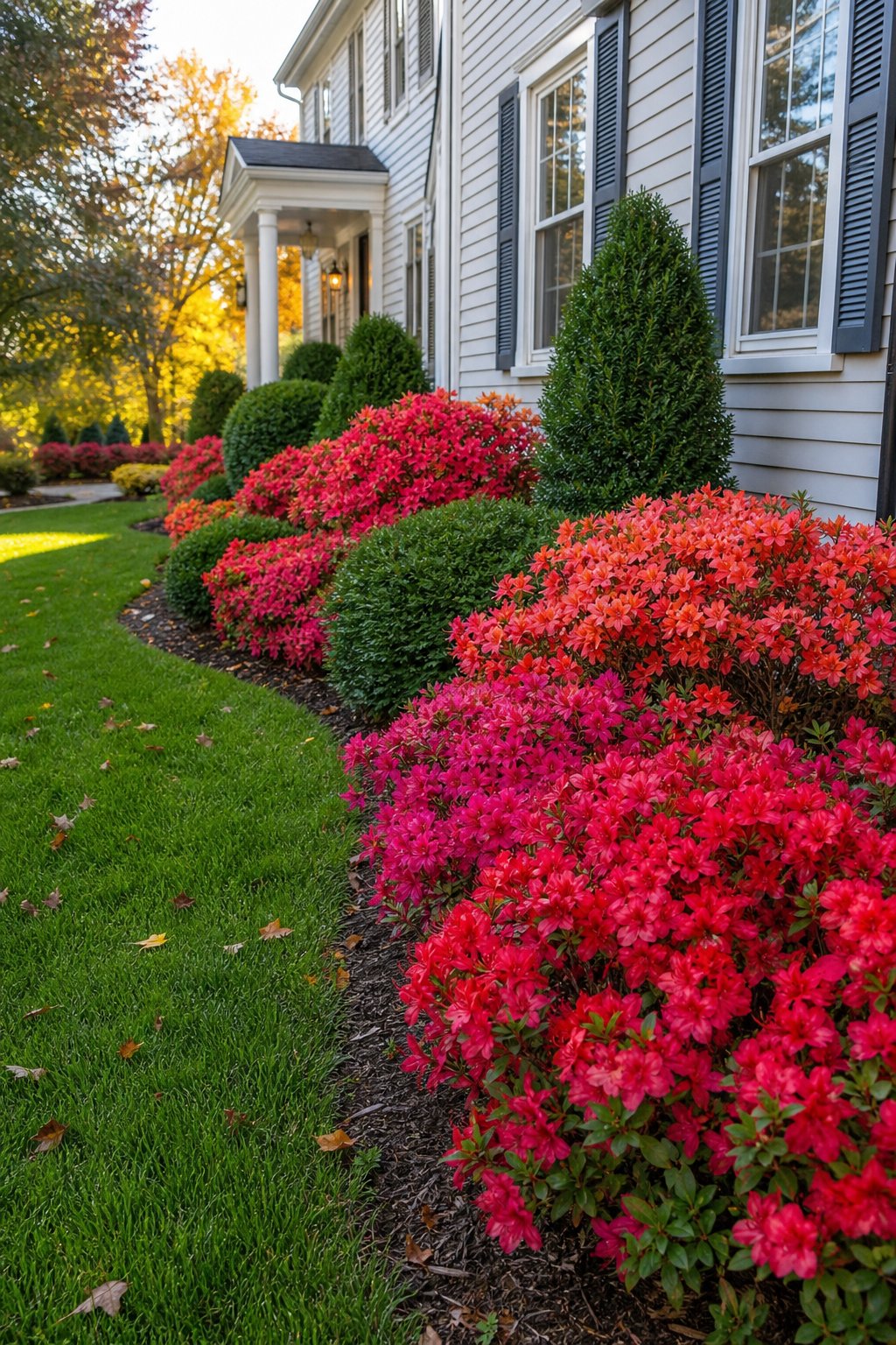 A garden with colorful encore azalea bushes planted along the foundation of a house in early fall.