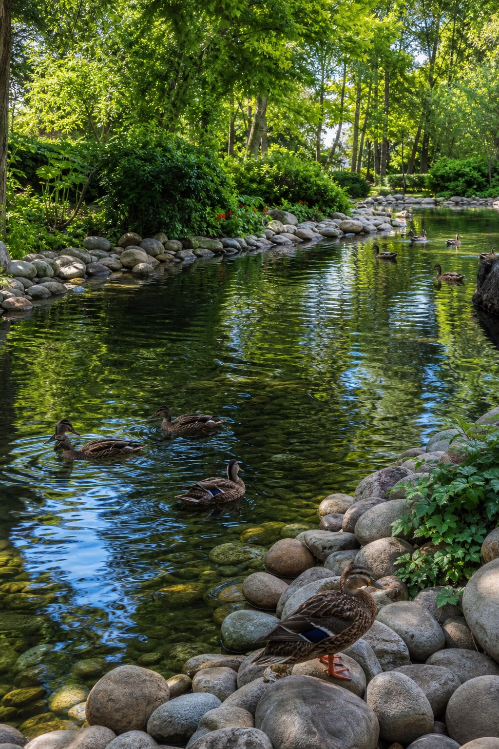 A calm duck pond with pebble edges surrounded by green plants and ducks swimming in the water.