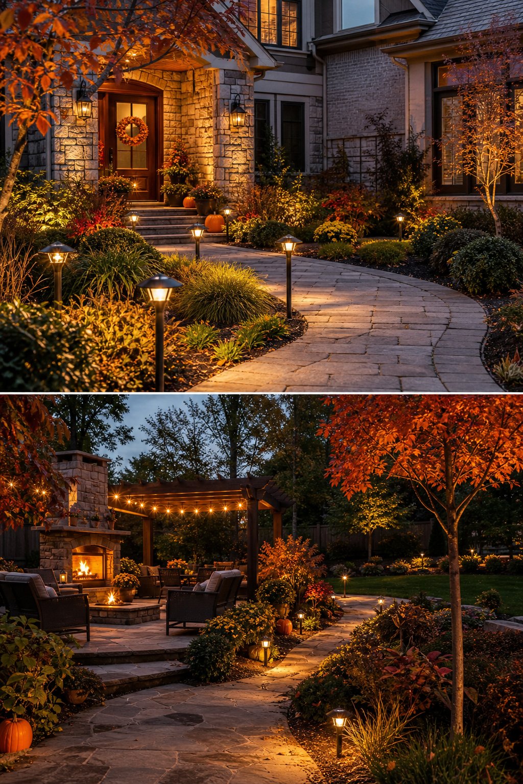 A front yard and backyard garden in fall with warm path lights illuminating walkways surrounded by autumn plants and foliage.