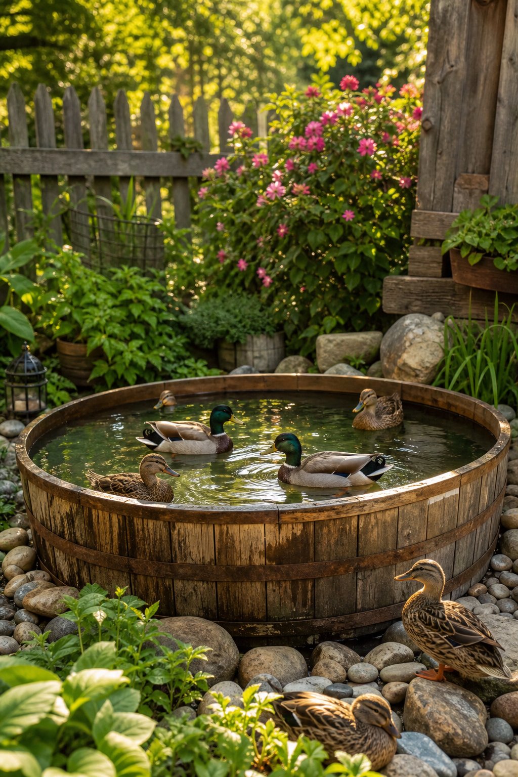 A small rustic kiddie pool filled with water surrounded by plants and stones, with several ducks swimming and resting nearby in a garden.