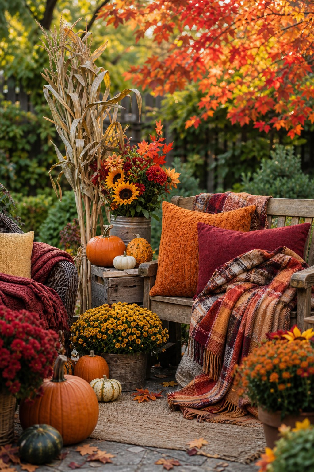 A cozy garden seating area decorated with autumn blankets, pumpkins, gourds, and seasonal flowers surrounded by fall foliage.
