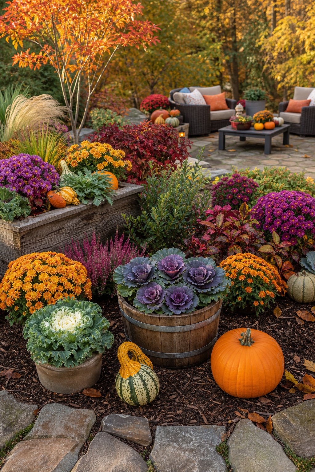 A vibrant fall garden with colorful autumn plants, pumpkins, and a cozy outdoor seating area surrounded by autumn foliage.