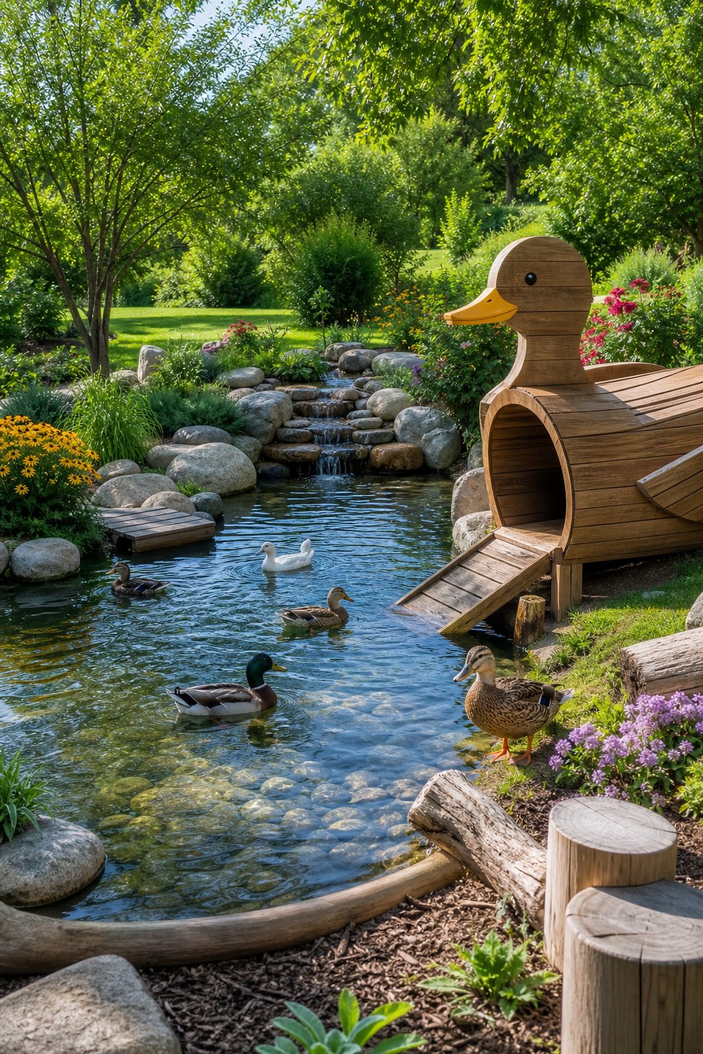 A peaceful duck pond with ducks swimming and a small wooden duck-shaped play structure surrounded by grass, flowers, and trees.