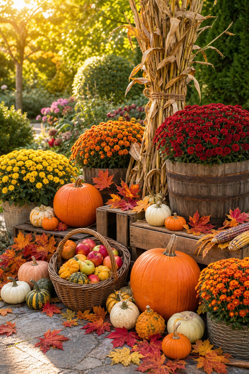 A fall garden display with pumpkins, colorful autumn leaves, chrysanthemums, cornstalks, and a basket of apples and gourds in a sunny garden.