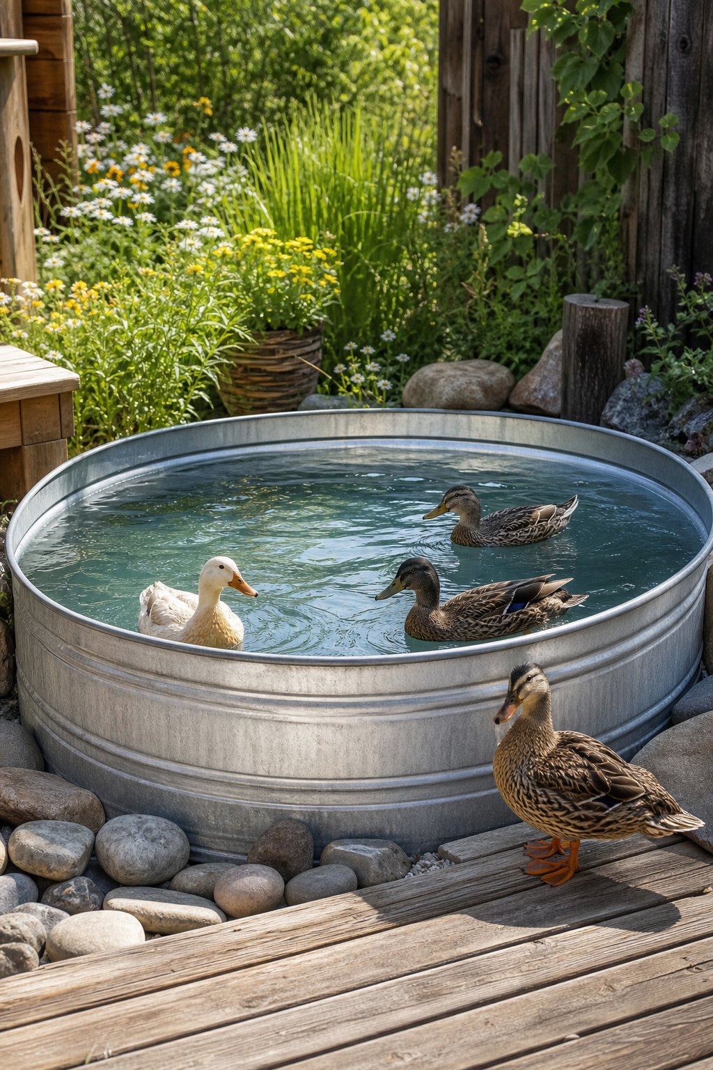 A rustic backyard pond made from a large metal stock tank with ducks swimming and natural plants around it.