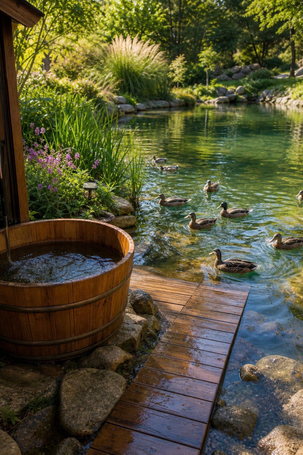 A wooden tub next to a ramp leading into a calm duck pond with ducks swimming and greenery surrounding the area.