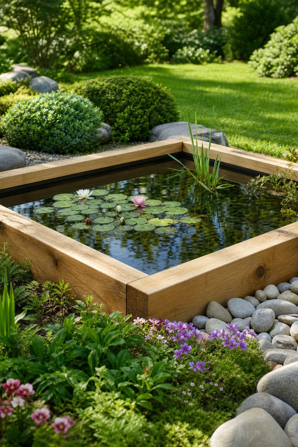 A shallow square timber pond with clear water surrounded by grass, flowering plants, and aquatic lilies in a garden setting.