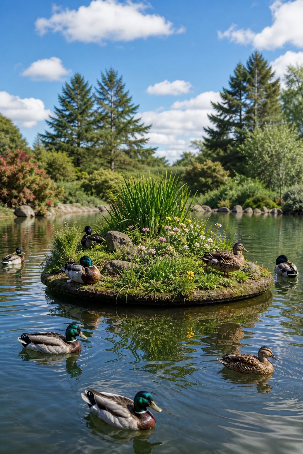 A small green floating island in a calm pond with ducks swimming and resting around it, surrounded by trees and clear sky.