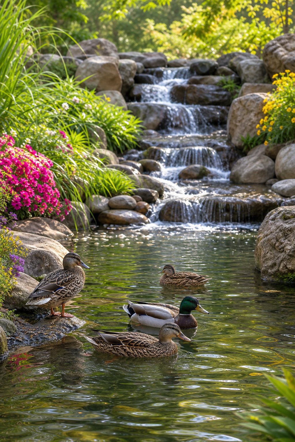 A peaceful duck pond with a waterfall, surrounded by plants and flowers, with ducks swimming and resting near the water.