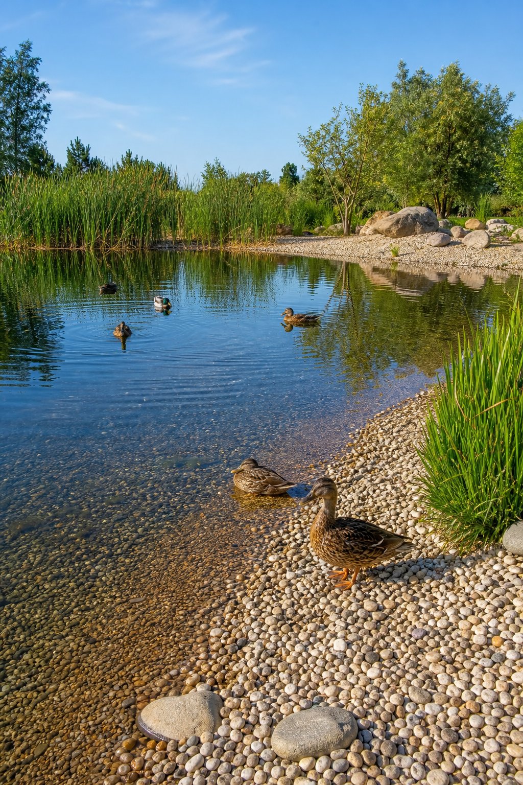 A calm duck pond with ducks swimming and resting near a gravel shoreline surrounded by green plants and trees.