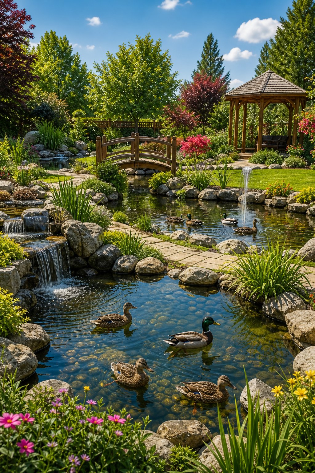 A backyard with several duck ponds surrounded by plants, rocks, and ducks swimming peacefully.