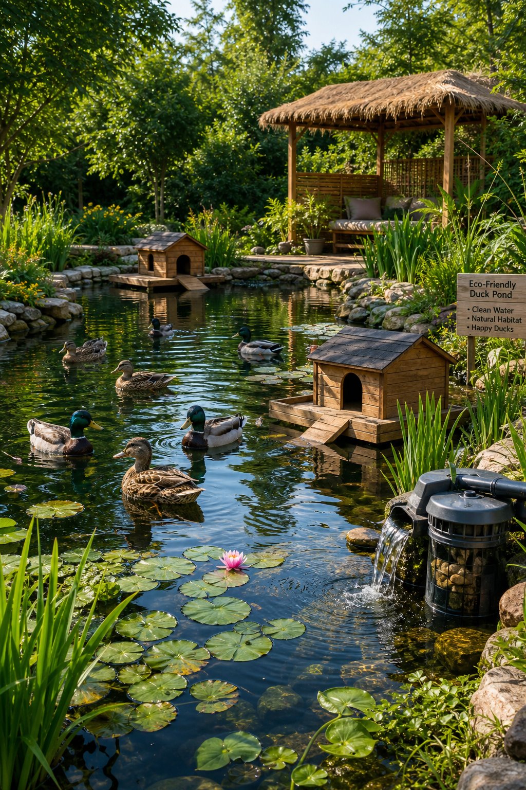 A clear duck pond with ducks swimming, surrounded by green plants and trees in a peaceful outdoor setting.