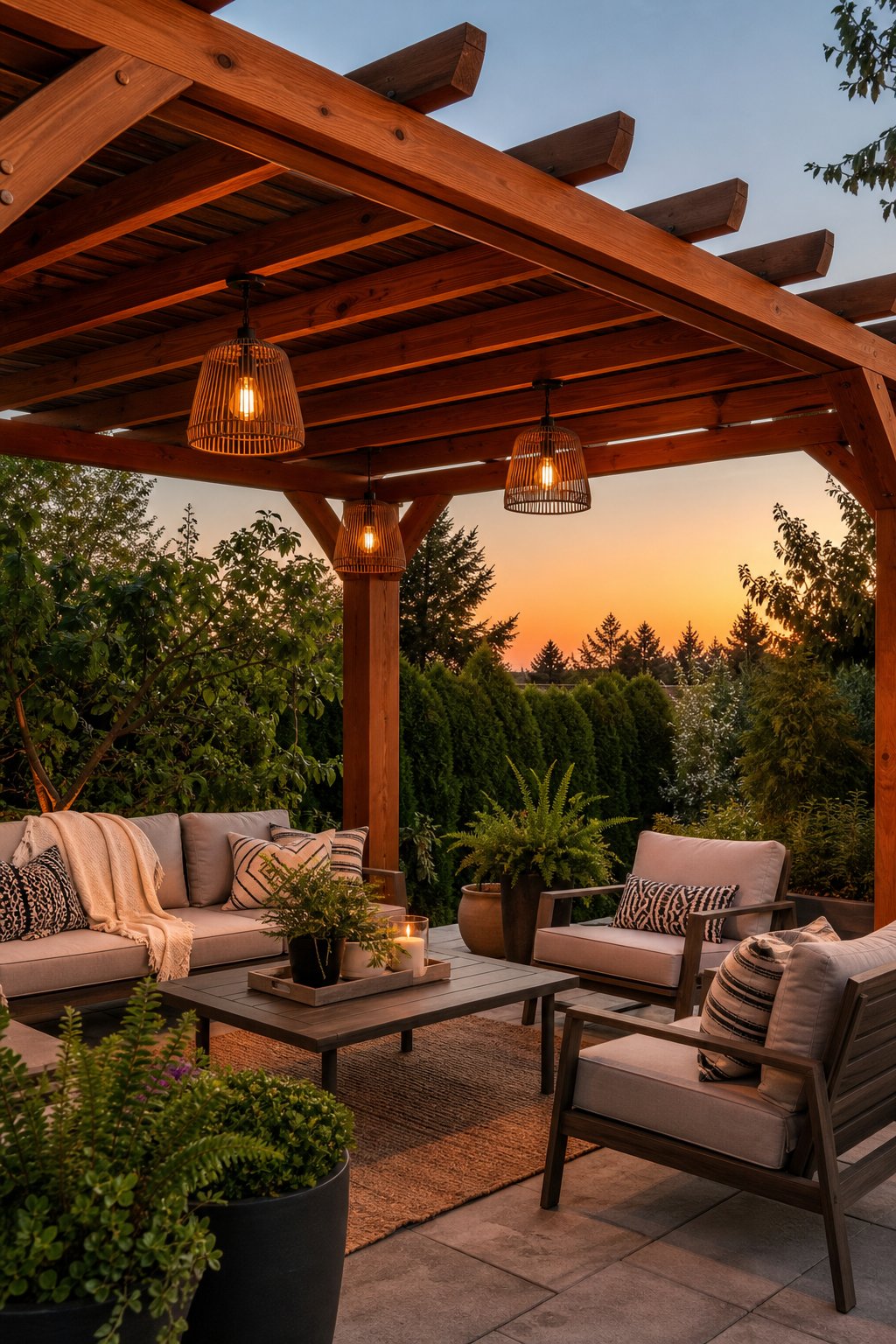 A cedar pergola with pendant lights over an outdoor patio with seating and plants during sunset.