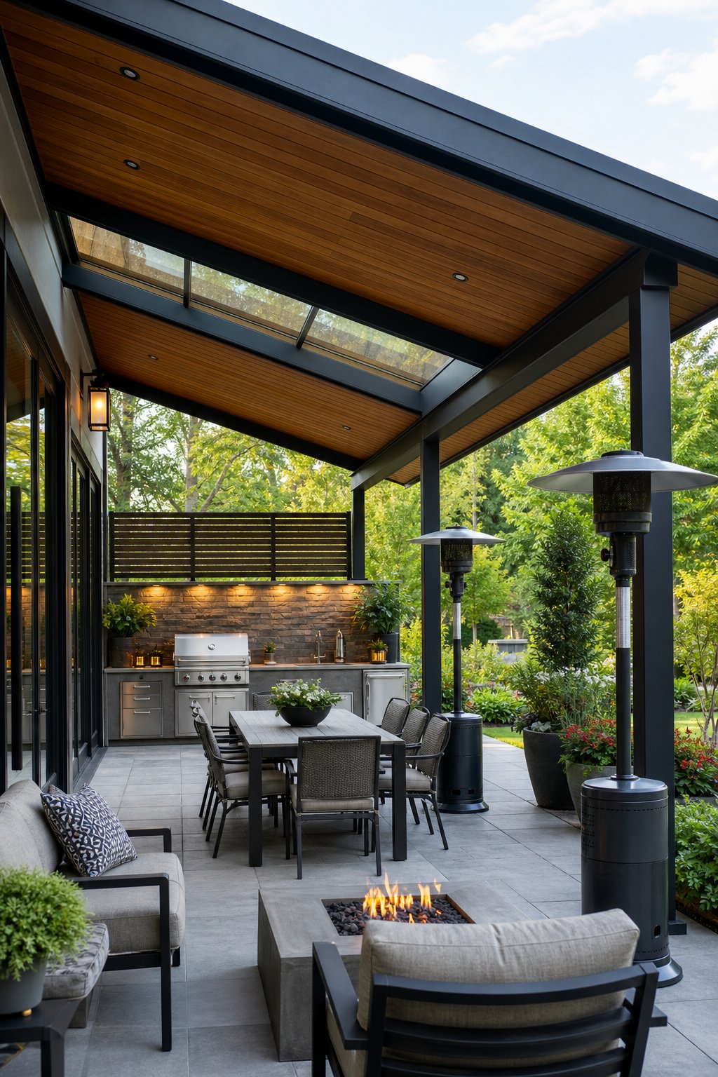 A covered patio with a skillion roof, an outdoor kitchen with a grill, patio heaters, and outdoor seating surrounded by plants.