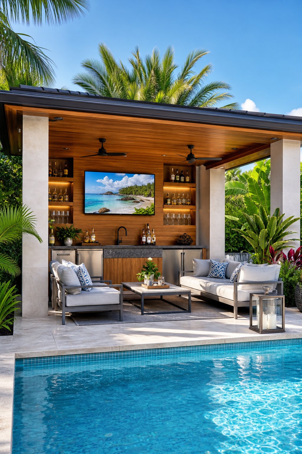 A poolside cabana with a wet bar and outdoor TV next to a swimming pool surrounded by lounge chairs and tropical plants.