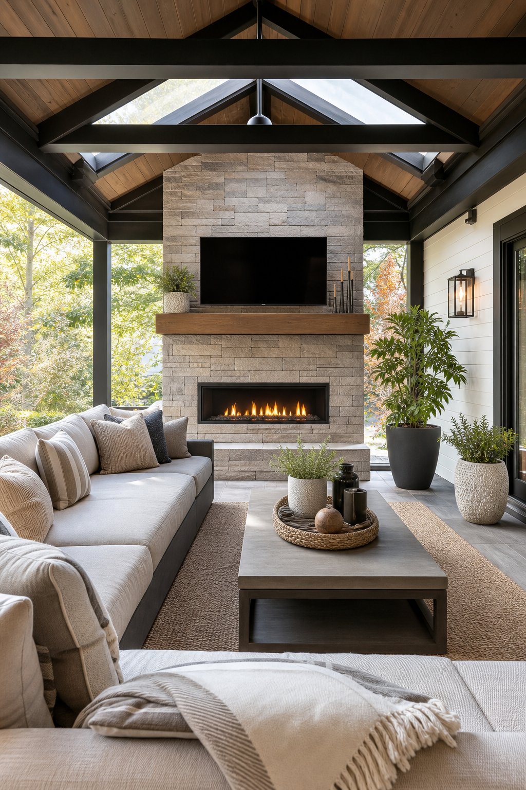 A covered patio with a gas fireplace and sectional seating arranged around it.