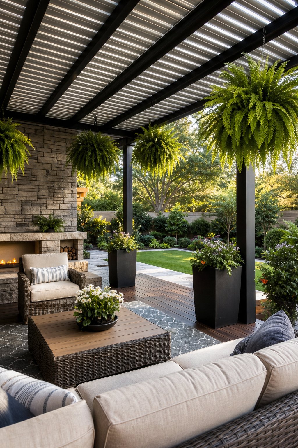A covered patio with a corrugated aluminum roof and hanging fern plants, furnished with outdoor seating and surrounded by a garden.