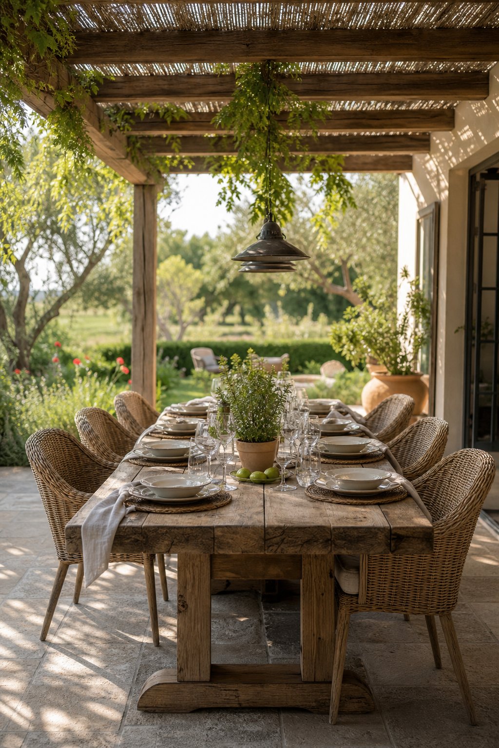 Outdoor covered patio with a large wooden dining table and woven chairs surrounded by plants.